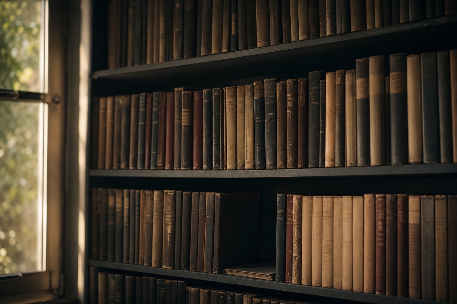 Librería técnica con lomos de manuales desgastados ordenados por años y un hueco visible en una balda, luz de tarde lateral