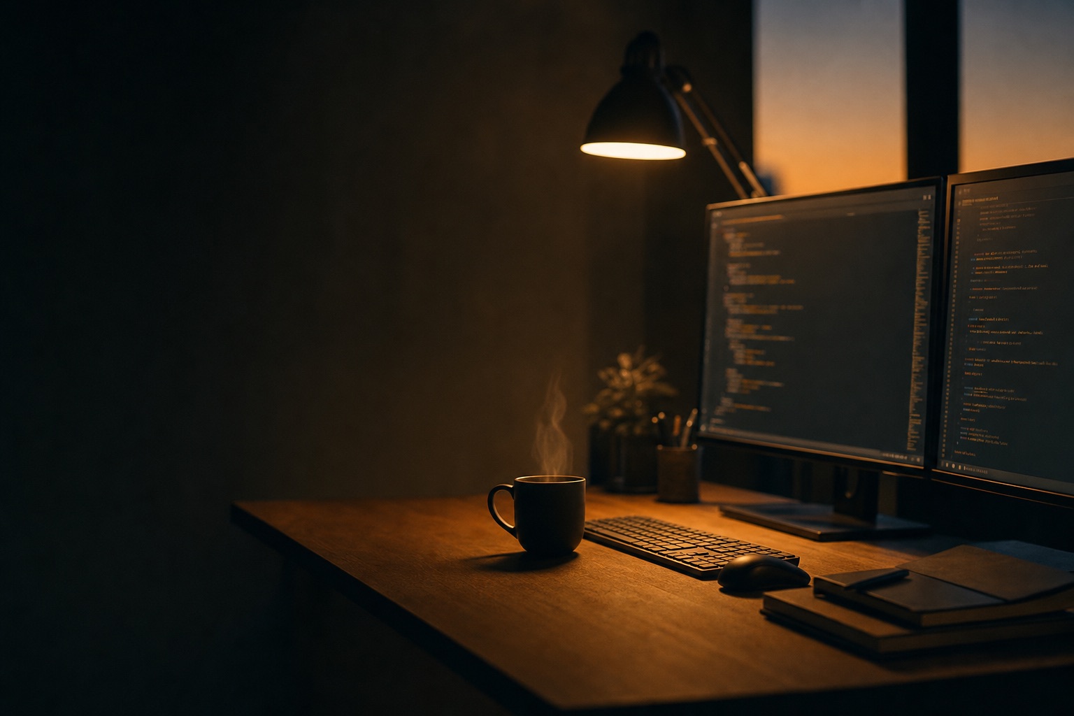 Escritorio de desarrollo al anochecer con dos monitores encendidos mostrando líneas de código difusas en tonos ámbar, taza de café humeante y luz de lámpara cálida