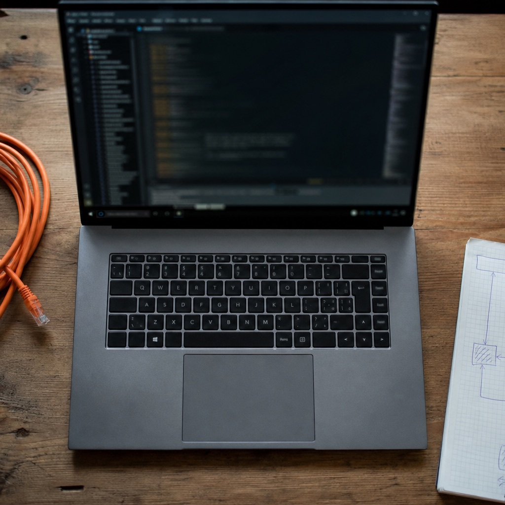 Portátil con terminal abierta, cable de red y libreta de diagramas para una conexión JDBC