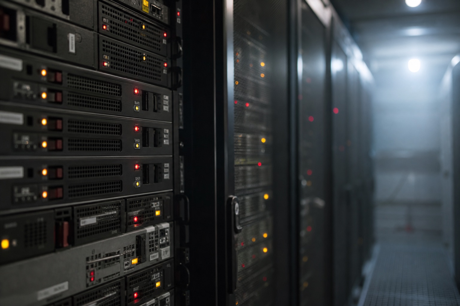 Rack de servidores con leds de estado en una sala fría, fotografía técnica en perspectiva