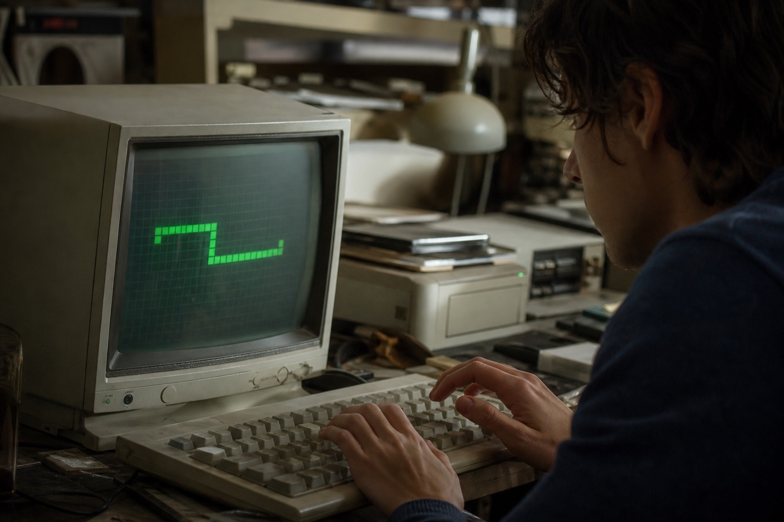 Viejo monitor CRT con una retícula verde difusa y un serpenteo de píxeles brillantes, teclado mecánico de los 2000 delante
